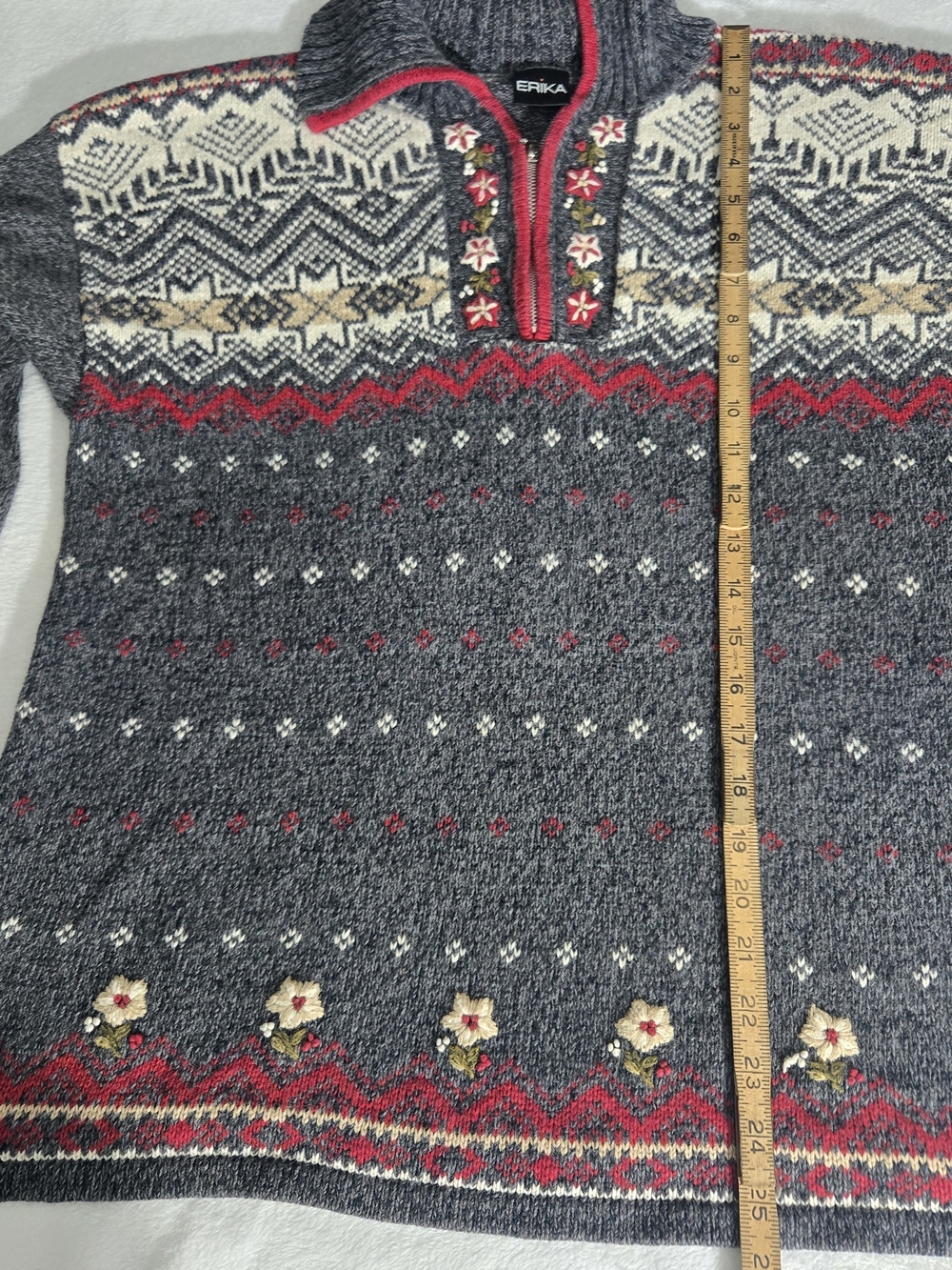 Vintage Erika Women’s Charcoal Gray Fair Isle Half-Zip Knit Sweater - Picture 6 of 8